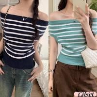 ราคา Cilset พร้อมส่ง เสื้อยืดไหมพรม แขนสั้น เปิดไหล่ ดีเทลลายทาง สไตล์เกาหลี ส่งไวจากไทย W U013 (28987486144)