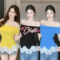 ราคา Cilset พร้อมส่ง เสื้อไหมพรมเปิดไหล่ แขนสั้น ปลายแต่งลูกไม้สีขาว ผ้าร่องยืดพอดี Y4429 (42408812676)