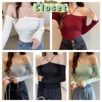 ราคา Closet เสื้อผ้าผู้หญิง 11202 1 เสื้อยืดแขนยาวไหมพรมปาดไหล่เซ็กซี่ สีขาว สีดำ (24730640704)