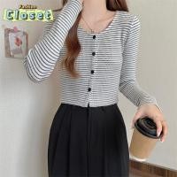 ราคา Cilset พร้อมส่ง ผู้หญิงเ เสื้อแขนยาวคอวี ผ้าไหมพรมดีเทลเสื้อลายทางมีกระดุมด้านหน้า 68106 C (28166480274)