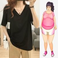 ราคา พร้อมส่ง เสื้อยืดคอวี แขนสั้น ทรงหลวม สีพื้น พลัสไซซ์ สําหรับผู้หญิง 40 150 กก 7 สี (22230773257)