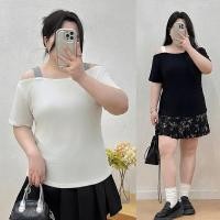 ราคา Oversize T Shirt 40 150kg ผู้หญิง e Off Shoulder Splicing Tshirt Plus Siz Top Plain Pullover แฟชั่น Slim Fit เสื้อผู้หญิง (48607350069)