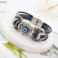 ราคา Hchjy กำไลข้อมือตาปีศาจตุรกีโชคดีสร้อยข้อมือหนังแฮนด์เมดหลายชั้นแบบพังค์ (24447978723)