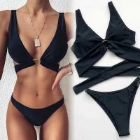 ราคา SZ2187 ชุดว่ายน้ำทูพีชสีดำสายไขว้ด้านหลัง (4342294423)