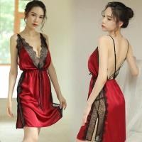 ราคา SZ1737 ชุดนอนผ้าซาตินแหวกอกลึกสีแดง (1499645769)