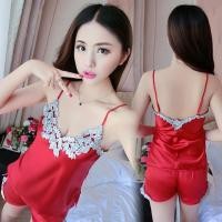 ราคา SZ1521 ชุดนอน Premium ซาตินเสื้อกางเกงแต่งลูกไม้สีแดง (852528795)