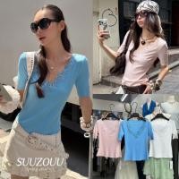 ราคา SU193 เสื้อแขนสั้นคอวี ผ้าร่องเนื้อนิ่ม ช่วงคอและแขนแต่งงานผ้าลูกไม้ลายดอกไม้ แฟชั่นเกาหลี TAG MM Fish (41480341370)