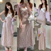 ราคา Y3356 เซ็ท 2 ชิ้น เดรสยาวสายเดี่ยวทรงบาน ลายดอกไม้โทนสีชมพู แต่งผ้าลูกไม้ช่วงอก แฟชั่นเกาหลี TAG Yjia (53109434195)