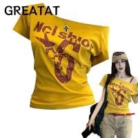 ราคา เสื้อเปิดไหล่ สไตล์ยุคปี 2000 พริ้นต์ลายอักษร คอเอียงวินเทจ กะทัดรัด (57058076958)