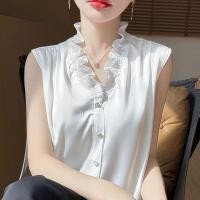 ราคา Caila 2026 เสื้อเชิ้ตแขนกุดสีขาบ คอวี ผ้าซาติน สไตล์ไฮเอนด์ พร้อมรายละเอียดรูปหู (48359494258)