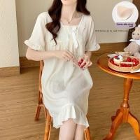ราคา ชุดนอนแขนสั้นสำหรับผู้หญิง ออกแบบมาในสไตล์ฤดูร้อนจากผ้าฝ้ายเมฆบางพิเศษ มีแผ่นรองหน้าอกและกระโปรงยาว สะดวกสบายในการสวมใส่ภายในบ้านและนอกบ้าน (56259478291)