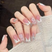 ราคา เล็บเทียมจะงอยปากเป็ดสั้นพร้อมบล็อกสีสีชมพูและสีขาวสไตล์ฝรั่งเศส3งดอกไม้ พลอยเทียม ออกแบบ10ชิ้น (56808515303)