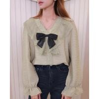ราคา F51 เสื้อแขนยาวสีเขียวลูกไม้ถอดโบว์ได้ (29201173359)