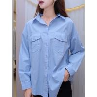 ราคา F11 เสื้อเชิ้ตแขนยาวแต่งกระเป๋าหน้าสีฟ้า (29905623508)