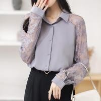 ราคา C22เสื้อเชิ้ตแขนยาวสีเทาแขนลูกไม้ (25936442244)