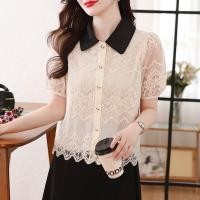 ราคา C02 เสื้อแขนสั้นลูกไม้ ปกดำ มีซับในอย่างดี (29402232966)