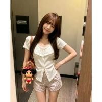 ราคา BANKO ผู้หญิงเกาหลีฤดูร้อนสไตล์ใหม่สลิมฟิตปลอมสองชิ้นโบว์ลูกไม้ขึ้นเสื้อยืดแขนสั้นสีขาว (51809837211)