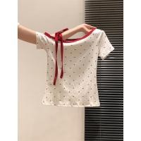 ราคา BANKO เสื้อยืดแขนสั้นแบบเกาหลี สไตล์หัวใจสีขาว พิมพ์ลายลูกไม้แนวทแยง สวมใส่ง่ายในฤดูร้อน (26944670667)