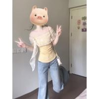 ราคา BANKO ชุดแซ็กซี่สำหรับผู้หญิงสไตล์เกาหลี ลายลูกไม้สีเหลือง สลิมฟิต (26944670666)