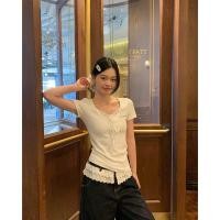 ราคา BANKO เวอร์ชั่นเกาหลีผู้หญิงฤดูร้อนสไตล์ใหม่สลิมฟิตแคบเอวลูกไม้สีขาวคอวีผูกเชือกสั้น (56258729153)