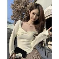 ราคา BANKO เสื้อยืดแขนยาวสไตล์เกาหลีสแลมฟิต สำหรับฤดูใบไม้ผลิ ดีไซน์คอลำโพงและตัวเรียวเพรียว (54557224408)