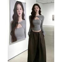 ราคา BANKO เสื้อยืดผู้หญิงสไตล์เกาหลี ฤดูใบไม้ร่วง ฟิตเรียว ดีไซน์ผูกปมส่วนหน้า สีเทาแขนยาว (51254294981)