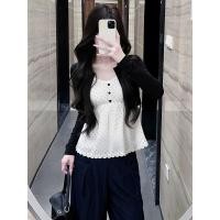 ราคา BANKO เสื้อลูกไม้แขนยาว สไตล์เกาหลี ลายจุด คอวี สีขาว สำหรับฤดูใบไม้ผลิ (49356499481)