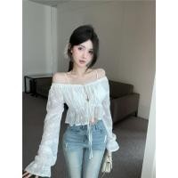 ราคา BANKO เสื้อแขนยาวผู้หญิง สไตล์ฝรั่งเศสฤดูร้อน สีขาวลายลูกไม้มีการปัก ทรงเข้าตัว คอวี (47258798177)