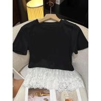 ราคา BANKO สไตล์เกาหลีสำหรับผู้หญิง ฤดูร้อนใหม่ ลูกไม้ชั้นเสื้อยืดแขนสั้นสีดำ (46408249936)