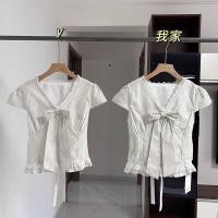 ราคา BANKO เสื้อแขนสั้นสไตล์เกาหลี สำหรับผู้หญิง ลายกุหลาบสีฟ้า คอวี ผ้าลูกไม้ เหมาะสมกับฤดูร้อน (44057655351)
