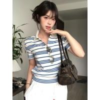 ราคา BANKO เสื้อยืดโปโลเกาหลี สไตล์ฤดูร้อนสำหรับผู้หญิง แขนสั้น คอปก มีลายริบบิ้นและสีฟ้า (43356023900)