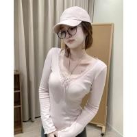 ราคา BANKO เสื้อยืดแขนยาวสีชมพูสไตล์เกาหลี ลายลูกไม้ ทรงสลิมฟิต คอวี เหมาะสำหรับฤดูใบไม้ผลิ (41928176241)
