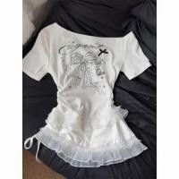 ราคา BANKO เสื้อยืดสไตล์เกาหลีสำหรับผู้หญิง สีขาว ทรงสแล็ค fit ไหล่เอียง ลายลูกไม้สวยงาม (27590234185)