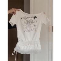 ราคา BANKO เสื้อยืดแขนสั้นลายลูกไม้สีขาวเย็บมุกไหล่เอียงสไตล์เกาหลี (27390234195)