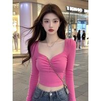 ราคา สินค้าจัดส่งทันที เสื้อยืดแขนยาวคอเหลี่ยมเข้ารูปผู้หญิงฤดูใบไม้ร่วงเวอร์ชั่นเกาหลี (27019611651)