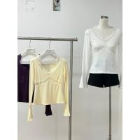 ราคา BANKO เสื้อยืดแขนยาวลายลูกไม้สีขาว สไตล์เกาหลี แบบ slim fit คอวี เหมาะสำหรับฤดูใบไม้ผลิ (26794590115)