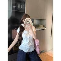 ราคา BANKO เสื้อยืดแขนสั้นคอวีลูกไม้ผูกเชือกผู้หญิงฝรั่งเศสฤดูร้อนสลิมฟิตสีขาว (24548145318)