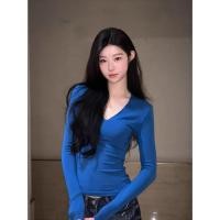 ราคา BANKO ทรงเสื้อแบบเกาหลีสำหรับผู้หญิง ฤดูใบไม้ผลิ สไตล์ใหม่ กระชับร่างกาย สีฟ้า คอกลมแขนยาว (56455949810)
