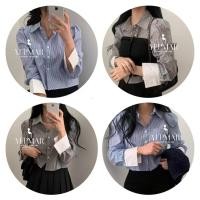 ราคา พร้อมส่ง เสื้อเบลาส์ เสื้อเชิ้ตสีน้ำเงิน แขนยาวลายทางแฟชั่นสุดชิค คอวี ย้อนยุค สไตล์เกาหลีหลวม Lady Clothing (42775316278)