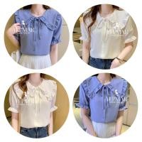 ราคา เสื้อแขนสั้น คอบัว เนื้อผ้าชีฟอง รุ่นติดกระดุม ดีเทลมีเชือกผูกโบว์ด้านหน้า น่ารักมาก มีซับใน ทรงสวยโซคิ้ว สำหรับสาวหวาน (51550916552)