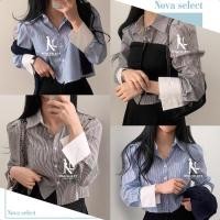 ราคา พร้อมส่ง เสื้อเบลาส์ เสื้อเชิ้ตสีน้ำเงิน แขนยาวลายทางแฟชั่นสุดชิค คอวี ย้อนยุค สไตล์เกาหลีหลวม Lady Clothing (27389646055)