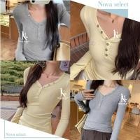 ราคา พร้อมส่ง เสื้อยืด แขนยาว ทรงคอวี รุ่นกระดุมครึ่งตัว เนื้อผ้าเรยอน ยืดเยอะมาก สาวอวบใส่ได้ ทรงสวย น่ารักสุดๆ (41618352689)