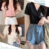 ราคา เสื้อครอปคอวี สีพื้น เสื้อผ้าแฟชั่น ผ้าระบาย ใส่สะบาย เรียบง่ายสำหรับผูหญิง Lady Clothing (28989646043)