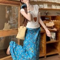 ราคา สินค้า กระโปรงเอวสูงลายดอกไม้สีน้ำเงินสไตล์วินเทจ 2025 กระโปรงยาว Aคำ ผูกโบว์ใส่สบาย (42301993365)