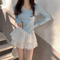 ราคา พร้อมส่ง S XL ขนาดใหญ่สไตล์บัลเล่ต์ชุดพัฟเค้กสีขาวเอวสูงกระโปรงพลีท ไหมน้ำแข็งสีฟ้าผิดปกติแน่นระบายด้านบน (23147160553)