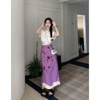 ราคา XL ไซส์ใหญ่ฝรั่งเศส ลายดอกไม้สีม่วง ภาพวาดสีน้ำมันเปื้อน ผูกเน็คไท กระโปรงผ่ายาว (22852792657)