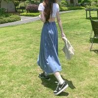 ราคา S 2XL ขนาดใหญ่สีน้ำเงินเข้ม สีฟ้าอ่อนผ้ายีนส์เอวยางยืดกระโปรงยาวฤดูร้อนบางส่วนเอวสูงบางหลวม A line กระโปรงร่ม (21280839269)