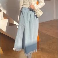 ราคา XS XL ญี่ปุ่นขนาดใหญ่เย็บหวานย้อนยุคสาวกระโปรงเอวสูงสีน้ำเงินลดริ้วผ้าลูกฟูกกระโปรงยาวทรงเอ (21589220064)