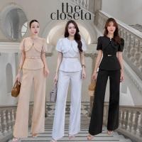 ราคา THE CLOSETA LV316 ชุดเซ็ทแขนสั้นจับจับแขนแต่งกระดุมมุก พร้อมกางเกงขายาวและเข็มขัดเข้าชุด (57301768413)