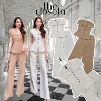 ราคา THE CLOSETA LV310 ชุดเซ็ทเสื้อคลุมไหล่คอวี แต่งกระดุมดอกไม้เรียงเม็ด กางเกงขายาว (49051034233)